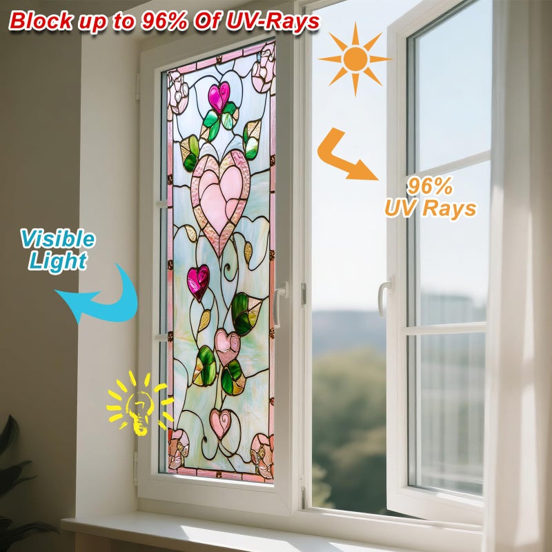IVN Stained Glass Window Film Pink Heart Floral Design 17.7x39.3 inch Window Privacy Film Stained Decals Static Cling Sun Blocking Decor for Home Office Windows Door Glass Partitions - Image 4