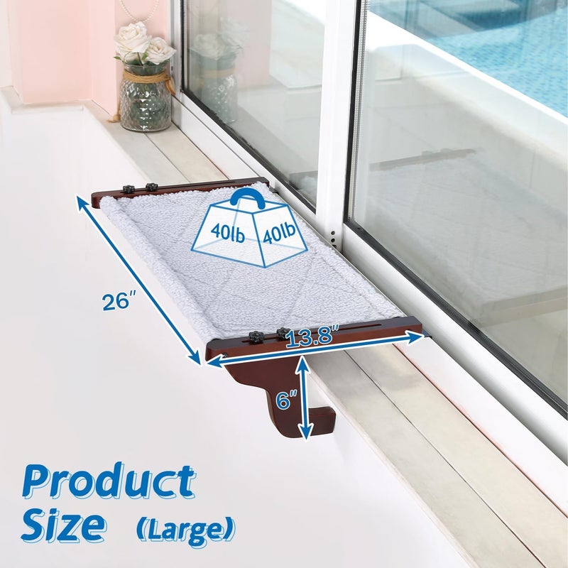 مقعد القطط Zakkart 2PC سهل الجلوس على حافة النافذة - تصميم أرجوحة مع خشب الصنوبر وإطار معدني قوي - مقعد نافذة للقطط الكبيرة والقطط الصغيرة (خشب مصبوغ داكن مع سرير رمادي، كبير (26'' عرض × 14'' عمق)) - Image 5