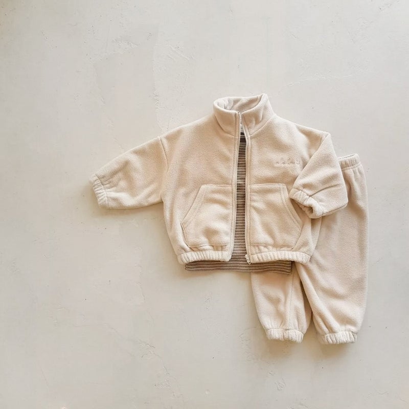 Kids Fashion Zip-Up Fleece Jacket and Pants Set Light apricot solid color suit 