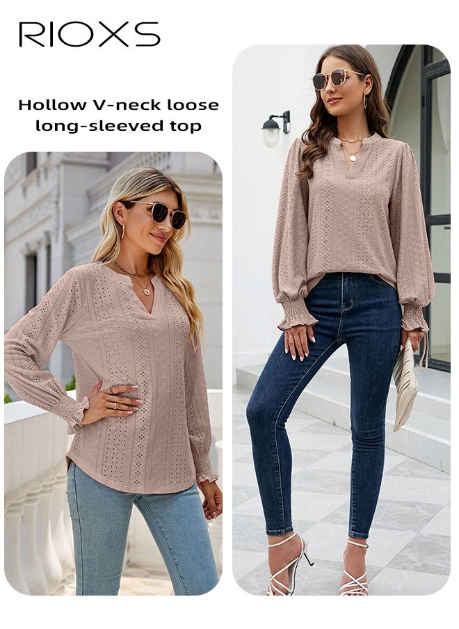 RIOXS Women's V-neck Long Sleeves Tops,Knitted Ruffle Cuff Solid Color Jacquard Blouse,Hollow Ruffle Sleeve Tunic Tops,Dressy Casual Work Blouses,Soft Comfortable Pullover Shirt Pair With Pants/Jeans/Leggings/Shorts  - Image 3