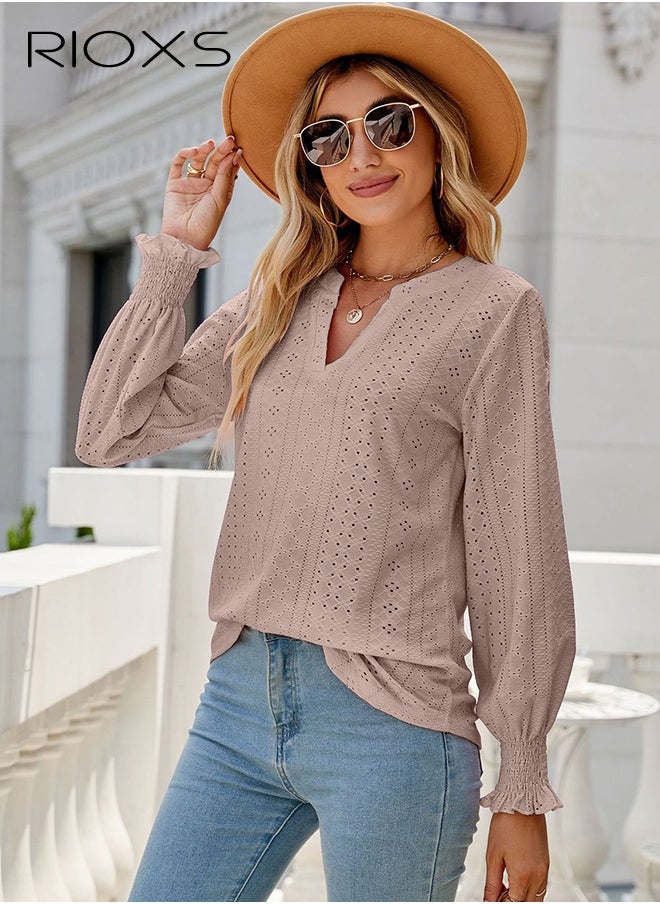 RIOXS Women's V-neck Long Sleeves Tops,Knitted Ruffle Cuff Solid Color Jacquard Blouse,Hollow Ruffle Sleeve Tunic Tops,Dressy Casual Work Blouses,Soft Comfortable Pullover Shirt Pair With Pants/Jeans/Leggings/Shorts  - Image 2