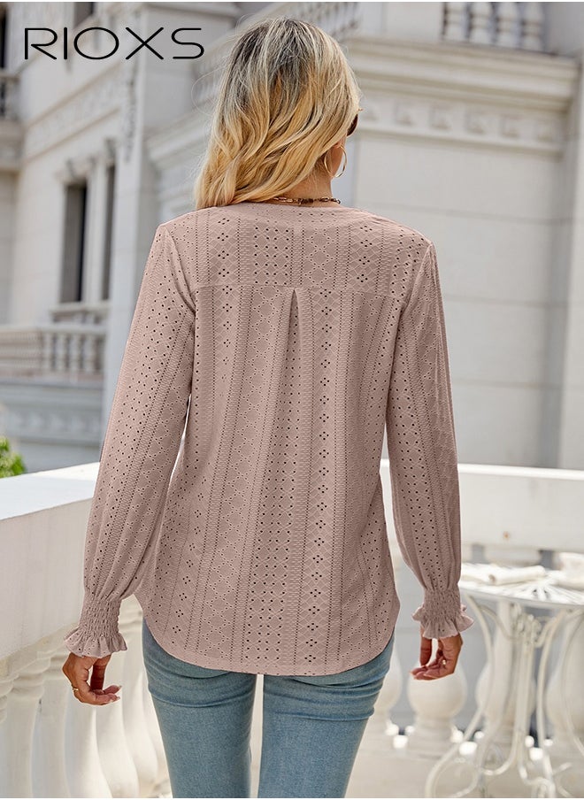 RIOXS Women's V-neck Long Sleeves Tops,Knitted Ruffle Cuff Solid Color Jacquard Blouse,Hollow Ruffle Sleeve Tunic Tops,Dressy Casual Work Blouses,Soft Comfortable Pullover Shirt Pair With Pants/Jeans/Leggings/Shorts  - Image 1