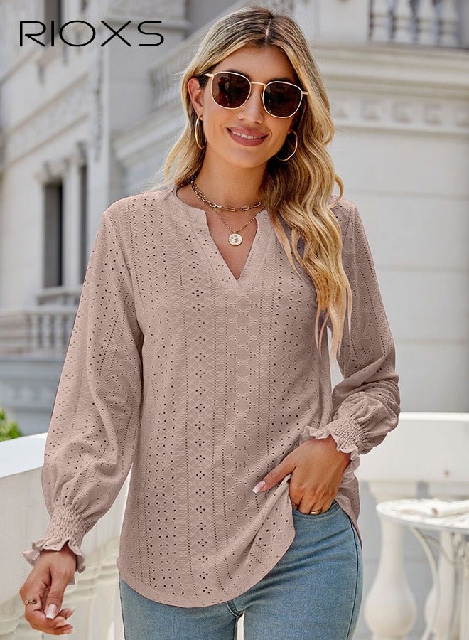 RIOXS Women's V-neck Long Sleeves Tops,Knitted Ruffle Cuff Solid Color Jacquard Blouse,Hollow Ruffle Sleeve Tunic Tops,Dressy Casual Work Blouses,Soft Comfortable Pullover Shirt Pair With Pants/Jeans/Leggings/Shorts  - Image 1