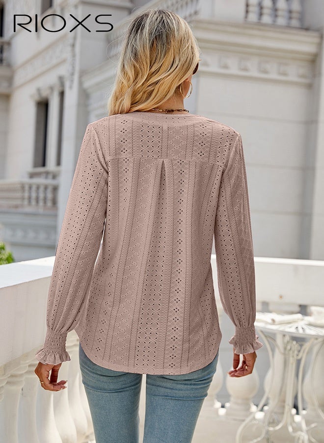 RIOXS Women's V-neck Long Sleeves Tops,Knitted Ruffle Cuff Solid Color Jacquard Blouse,Hollow Ruffle Sleeve Tunic Tops,Dressy Casual Work Blouses,Soft Comfortable Pullover Shirt Pair With Pants/Jeans/Leggings/Shorts  - Image 2