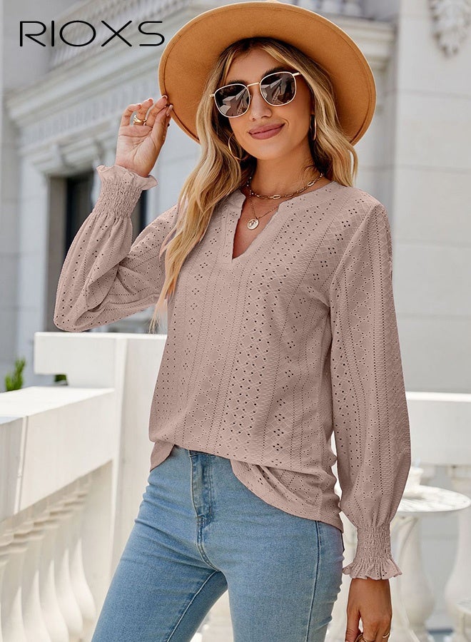 RIOXS Women's V-neck Long Sleeves Tops,Knitted Ruffle Cuff Solid Color Jacquard Blouse,Hollow Ruffle Sleeve Tunic Tops,Dressy Casual Work Blouses,Soft Comfortable Pullover Shirt Pair With Pants/Jeans/Leggings/Shorts  - Image 3