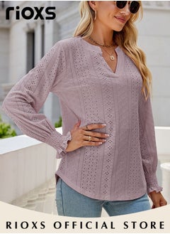 RIOXS Women's V-neck Long Sleeves Tops,Knitted Ruffle Cuff Solid Color Jacquard Blouse,Hollow Ruffle Sleeve Tunic Tops,Dressy Casual Work Blouses,Soft Comfortable Pullover Shirt Pair With Pants/Jeans/Leggings/Shorts  - Image 4