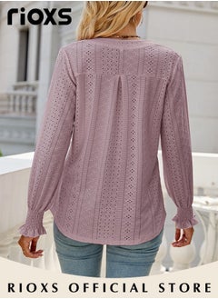 RIOXS Women's V-neck Long Sleeves Tops,Knitted Ruffle Cuff Solid Color Jacquard Blouse,Hollow Ruffle Sleeve Tunic Tops,Dressy Casual Work Blouses,Soft Comfortable Pullover Shirt Pair With Pants/Jeans/Leggings/Shorts  - Image 5