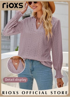 RIOXS Women's V-neck Long Sleeves Tops,Knitted Ruffle Cuff Solid Color Jacquard Blouse,Hollow Ruffle Sleeve Tunic Tops,Dressy Casual Work Blouses,Soft Comfortable Pullover Shirt Pair With Pants/Jeans/Leggings/Shorts  - Image 2