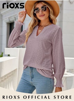 RIOXS Women's V-neck Long Sleeves Tops,Knitted Ruffle Cuff Solid Color Jacquard Blouse,Hollow Ruffle Sleeve Tunic Tops,Dressy Casual Work Blouses,Soft Comfortable Pullover Shirt Pair With Pants/Jeans/Leggings/Shorts  - Image 3