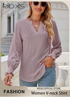 RIOXS Women's V-neck Long Sleeves Tops,Knitted Ruffle Cuff Solid Color Jacquard Blouse,Hollow Ruffle Sleeve Tunic Tops,Dressy Casual Work Blouses,Soft Comfortable Pullover Shirt Pair With Pants/Jeans/Leggings/Shorts  - Image 1