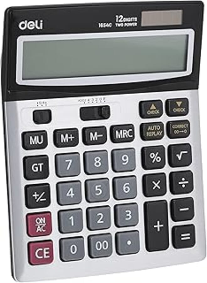Deli Desktop Calculator - Metal-12 digits, 112 steps check - Silver - Dual power (AA) - E1654C