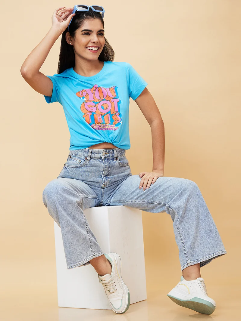 Women Turquoise Blue Typography Printed Regular Fit Pure Cotton Casual T-Shirt