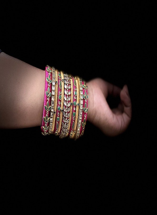 Yaalz Silk Thread Premium Kundan Embellished Heavy Designer Bridal Bangles Set for Girls and Women for Festival, Traditional, Birthday, Everyday Office-casual wear in Yellow_Pink_Green Colors - Image 2