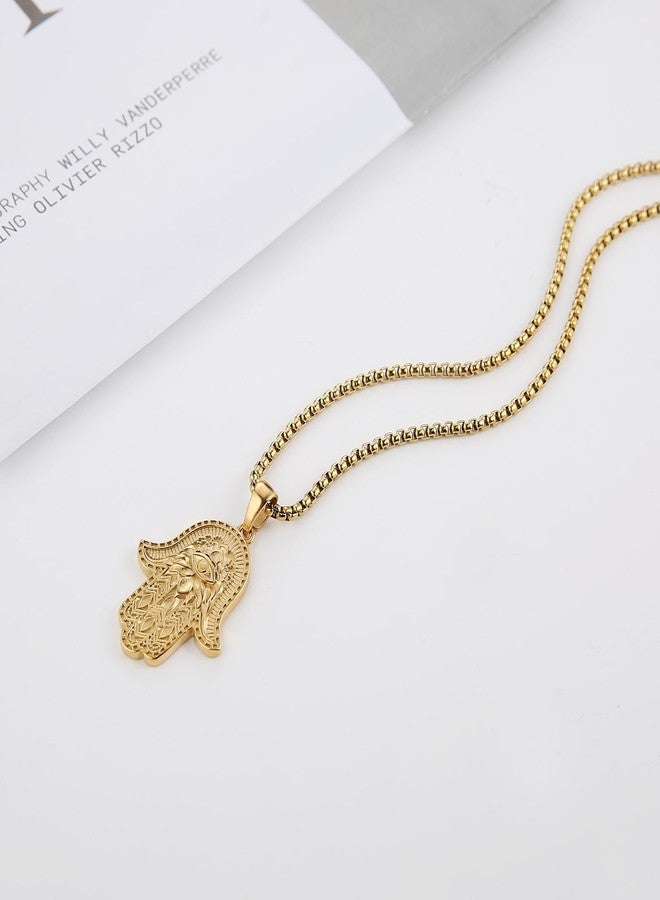 AsAlways Stainless Steel Hand of Fatima Pendant Vintage Amulet Charm Relief Carving Evil Eye Hamsa Hand Necklace Religious Gifts (Gold) - Image 5