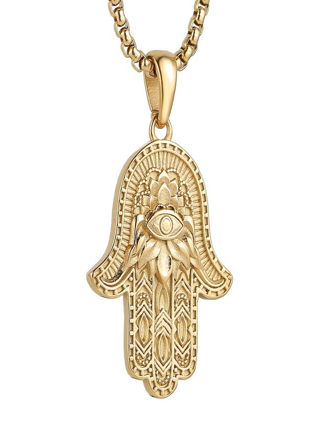 AsAlways Stainless Steel Hand of Fatima Pendant Vintage Amulet Charm Relief Carving Evil Eye Hamsa Hand Necklace Religious Gifts (Gold) - Image 1