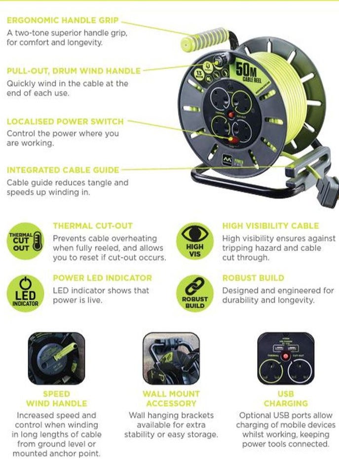 ماستربلاج بكرة كابل ماستربلج برو إكس تي بطول 50 مترًا، منفذان، منفذا يو إس بي 13 أمبير، حماية من زيادة التيار، قاطع حراري، OLU50132USL - Image 5