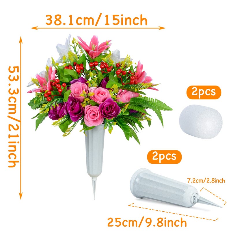 XONOR Artificial Cemetery Flowers with Vase  Set of 2 Artificial Rose Lily Bouquet Graveyard Memorial Flowers for Cemetery Headstones Decoration - Image 2