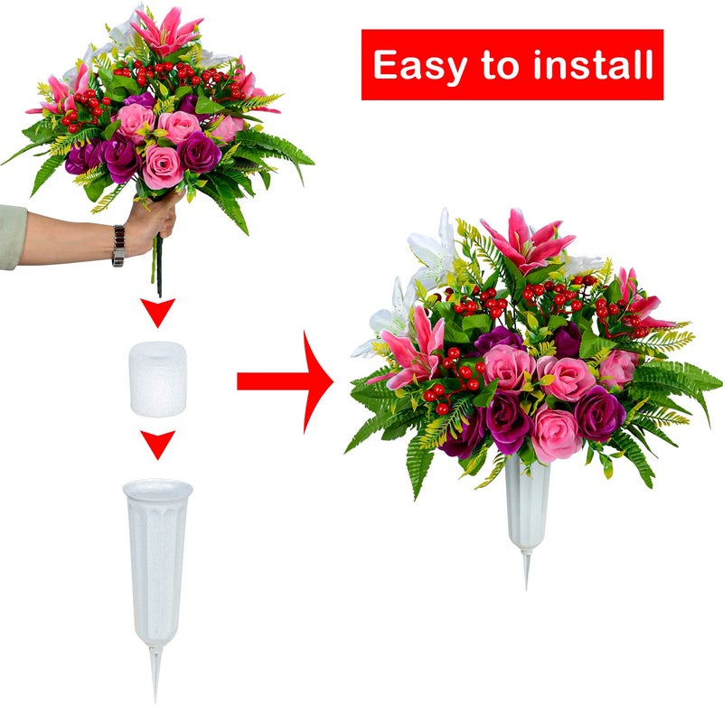 XONOR Artificial Cemetery Flowers with Vase  Set of 2 Artificial Rose Lily Bouquet Graveyard Memorial Flowers for Cemetery Headstones Decoration - Image 3