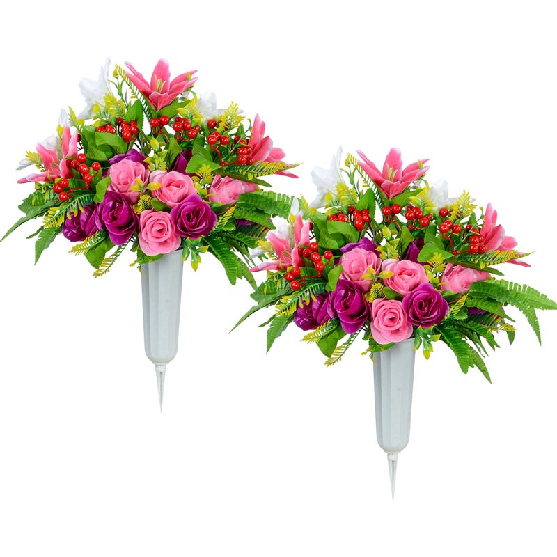 XONOR Artificial Cemetery Flowers with Vase  Set of 2 Artificial Rose Lily Bouquet Graveyard Memorial Flowers for Cemetery Headstones Decoration - Image 1