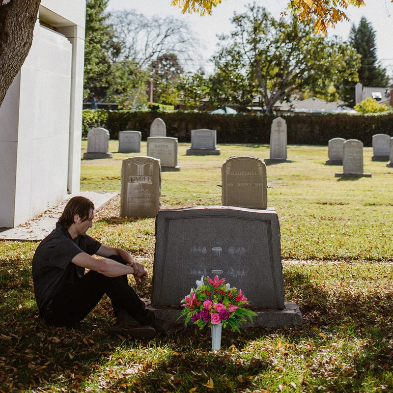 XONOR Artificial Cemetery Flowers with Vase  Set of 2 Artificial Rose Lily Bouquet Graveyard Memorial Flowers for Cemetery Headstones Decoration - Image 5