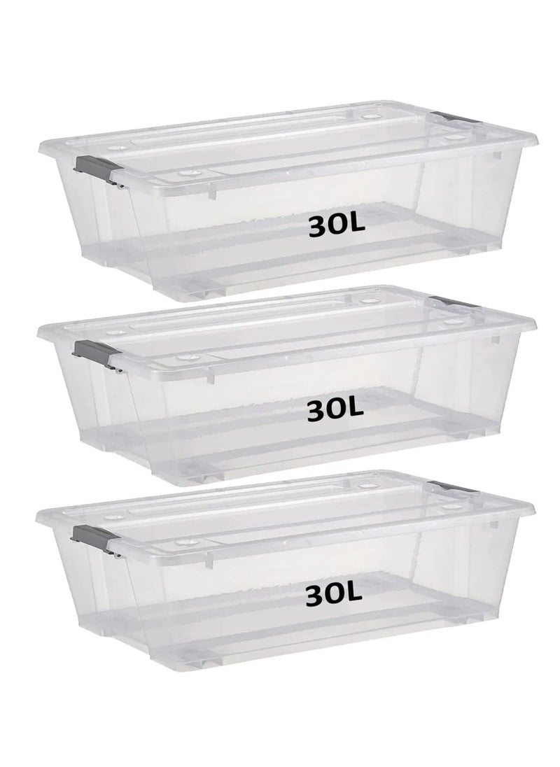 Premify - 30L Storage Box With Lid & Wheels  Slim Under Bed Plastic Organizer  3pcs Stackable Transparent Boxes for Storing Clothes, Toys, Shoes, Tools, Medicine, Office Supplies - Image 1