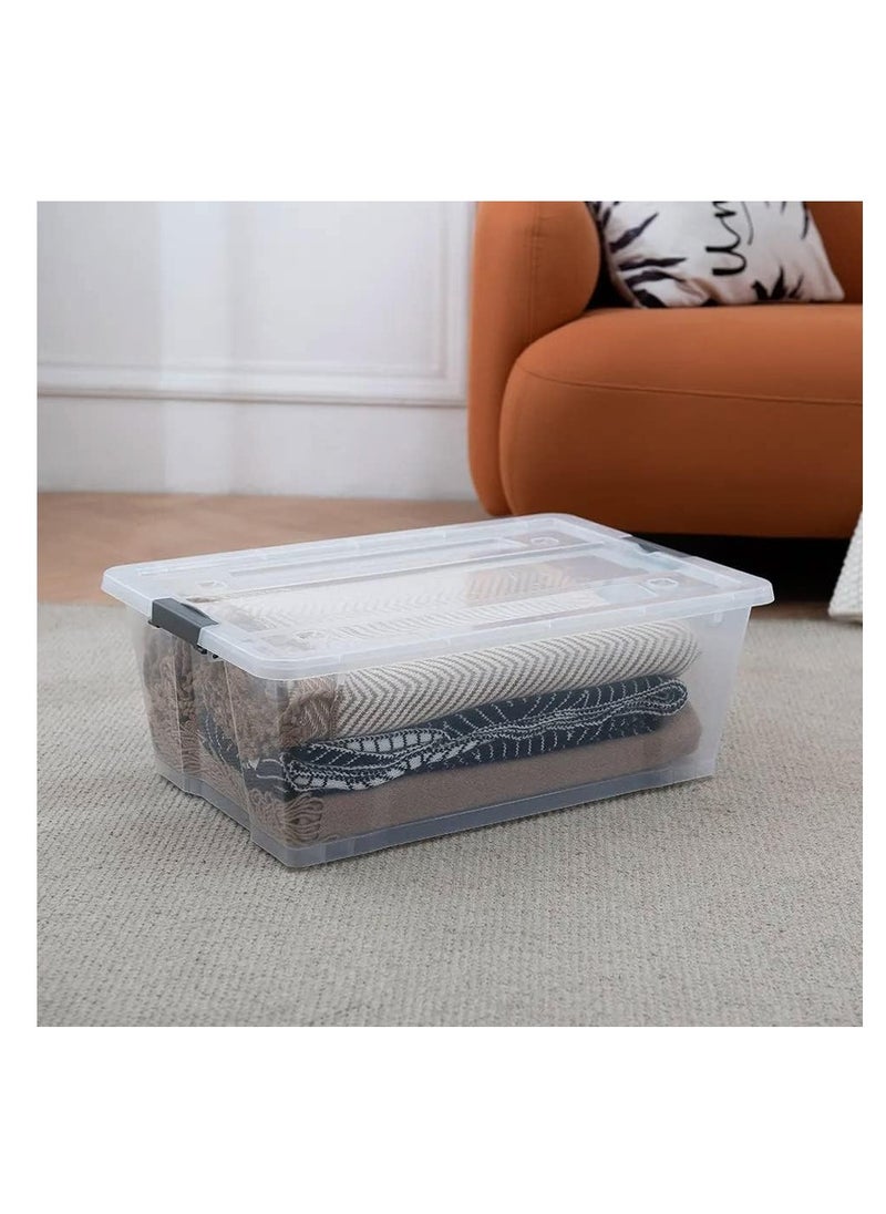 Premify - 30L Storage Box With Lid & Wheels  Slim Under Bed Plastic Organizer  3pcs Stackable Transparent Boxes for Storing Clothes, Toys, Shoes, Tools, Medicine, Office Supplies - Image 1