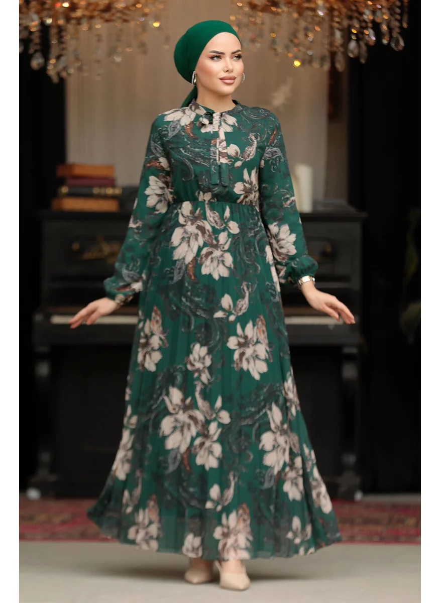 Neva Style Floral Patterned Emerald Green Hijab Dress 50355ZY