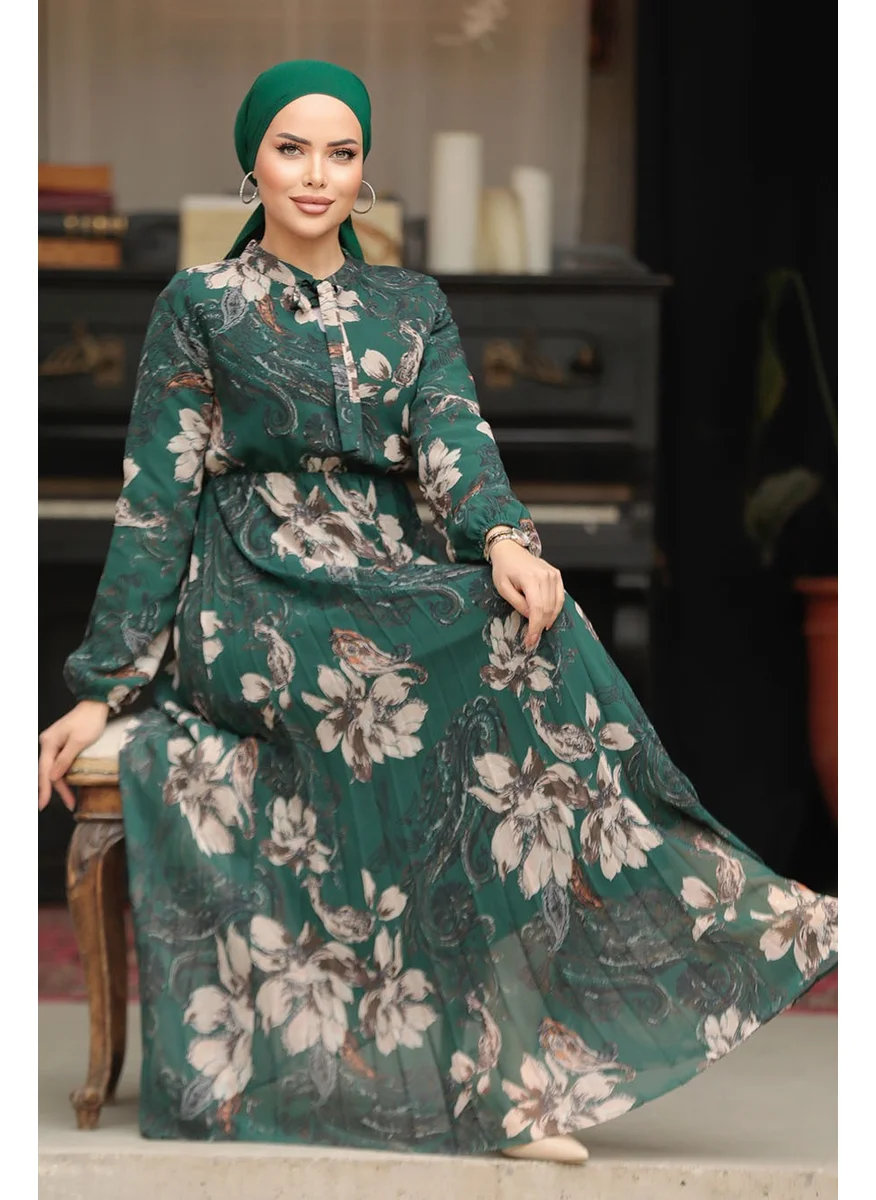 Neva Style Floral Patterned Emerald Green Hijab Dress 50355ZY