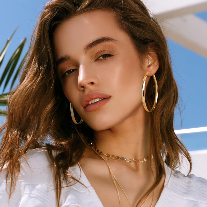 EXGOX 5mm Wide Gold Hoop Earrings for Women, Sterling Silver Large Hypoallergenic Lightweight 14K Real Gold Plated Big Hoops - Image 3