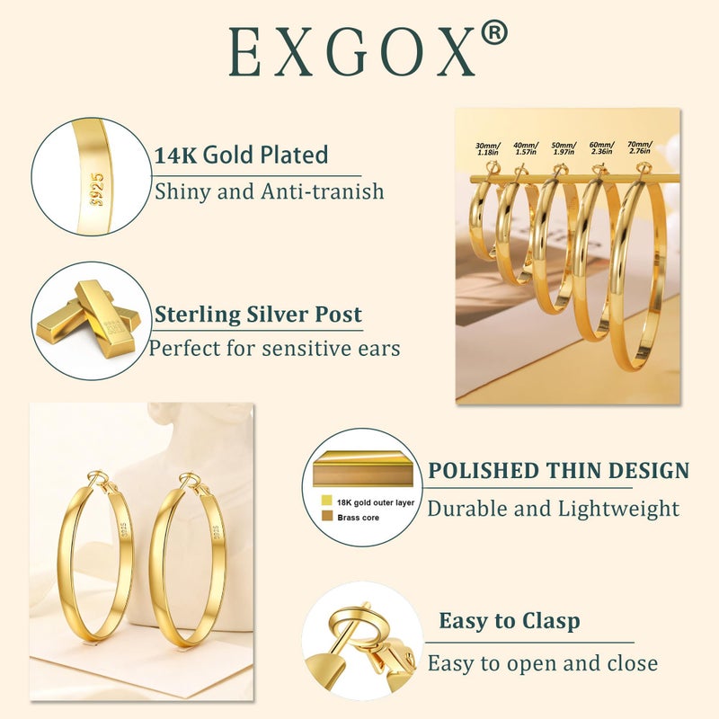 EXGOX 5mm Wide Gold Hoop Earrings for Women, Sterling Silver Large Hypoallergenic Lightweight 14K Real Gold Plated Big Hoops - Image 5