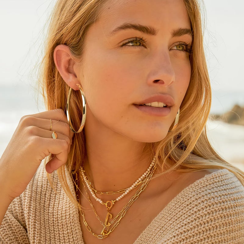 EXGOX 5mm Wide Gold Hoop Earrings for Women, Sterling Silver Large Hypoallergenic Lightweight 14K Real Gold Plated Big Hoops - Image 2