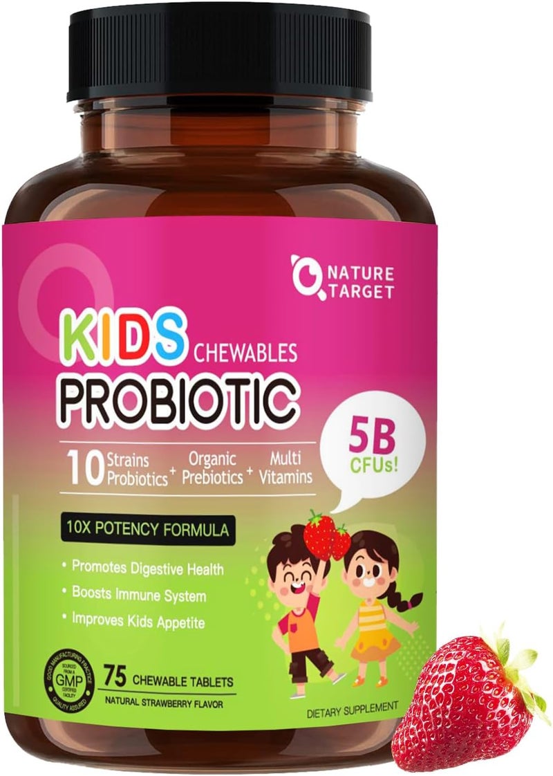 NATURE TARGET Kids Probiotic Chewable 5 Billion CFUs Probiotics  Prebiotics for Ages 3 Probiotics for Digestive Health Immune Support  Appetite Booster Natural Strawberry Flavor 75 Servings - Image 1