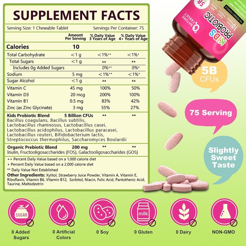 NATURE TARGET Kids Probiotic Chewable 5 Billion CFUs Probiotics  Prebiotics for Ages 3 Probiotics for Digestive Health Immune Support  Appetite Booster Natural Strawberry Flavor 75 Servings - Image 2