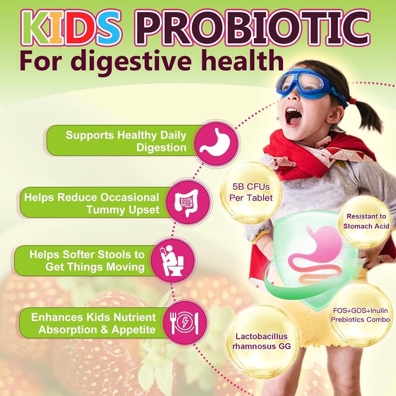 NATURE TARGET Kids Probiotic Chewable 5 Billion CFUs Probiotics  Prebiotics for Ages 3 Probiotics for Digestive Health Immune Support  Appetite Booster Natural Strawberry Flavor 75 Servings - Image 3
