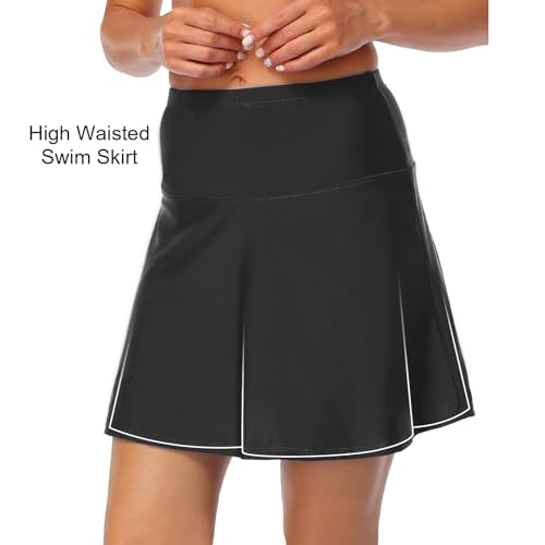 Hilor Women's High Waisted Swim Skirt Bottoms Athletic Swimsuits Tankini Skirts with Panty Black 8 - Image 3