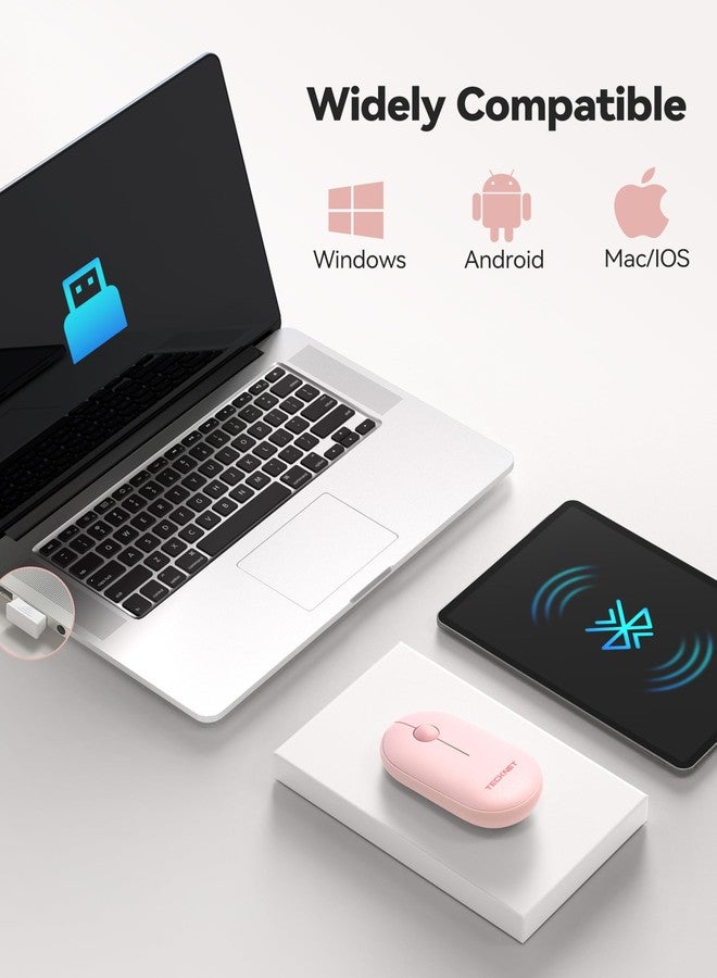 TECKNET Bluetooth Mouse, 2.4G USB-A Compact and Portable Mouse for Laptop 2 Modes(BT3.0/5.0+2.4Ghz), Silent Slim Clicks with USB Receiver, Compatible with PC, Chromebook, Mac- Pink - Image 4