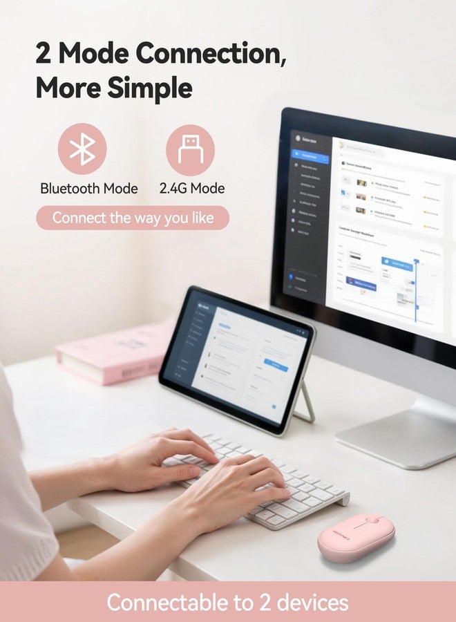 TECKNET Bluetooth Mouse, 2.4G USB-A Compact and Portable Mouse for Laptop 2 Modes(BT3.0/5.0+2.4Ghz), Silent Slim Clicks with USB Receiver, Compatible with PC, Chromebook, Mac- Pink - Image 2