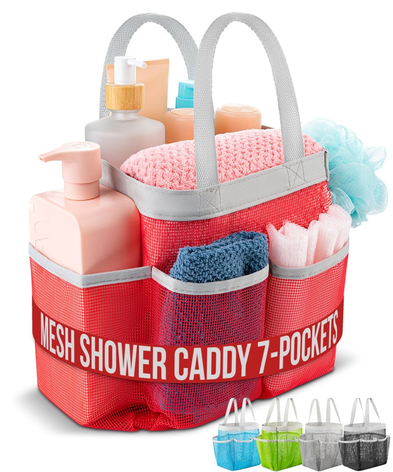 Handy Laundry Mesh Shower Caddy 7 Pocket Portable Bathroom Organizer Tote for Travel Gym Dorm Collapsible Small Shower Caddy Bag to Hold Toiletries Essentials Pink