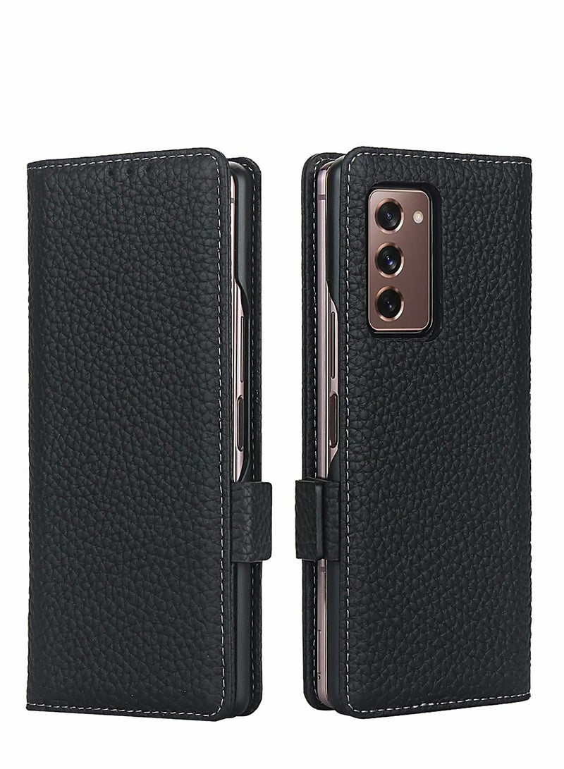Y&D Case Designed for Samsung Galaxy Z Fold 2 Wallet Case, Genuine Leather with Card Slots Kickstand Feature Flip Cover 5G (Black)  - Image 1
