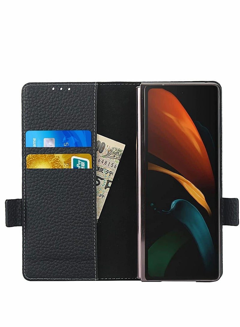 Y&D Case Designed for Samsung Galaxy Z Fold 2 Wallet Case, Genuine Leather with Card Slots Kickstand Feature Flip Cover 5G (Black)  - Image 2