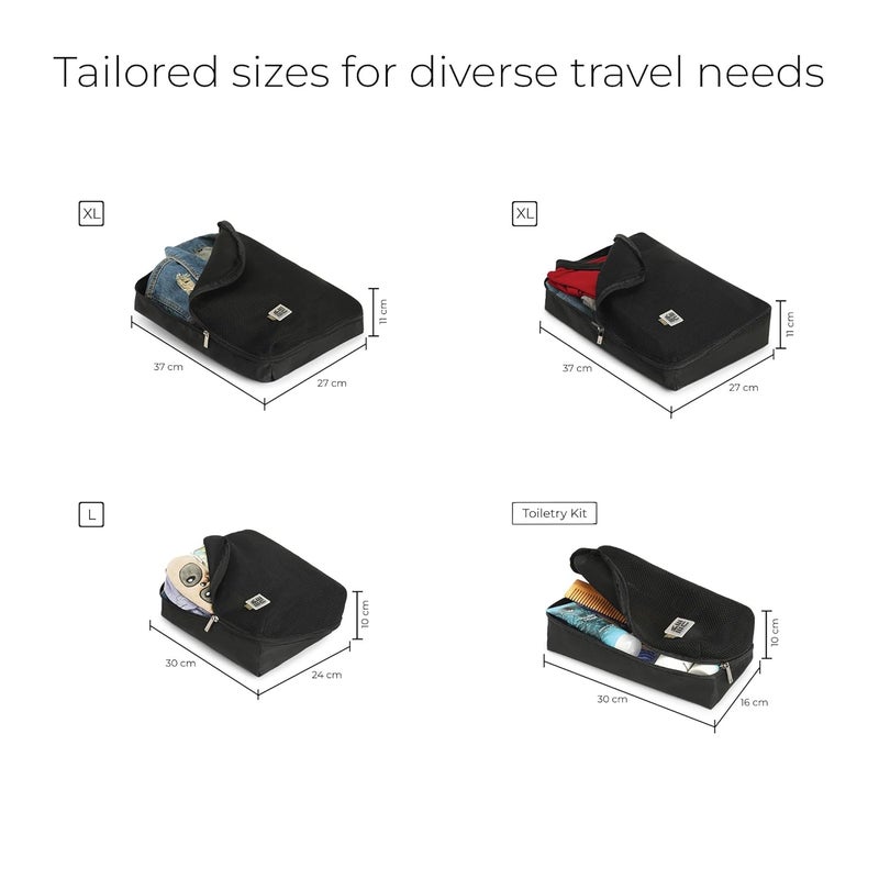 EUME Set of 4 Storage Pods - Packing Cubes for Travel | Cloth Organizer for Storage | Spacious Toiletry Pouch for Women & Men | Luggage Organiser Bags for Travel | Durable Polyester Bag | Black - Image 5