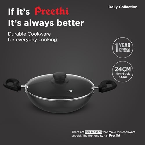 Preethi Daily Collection Non Stick Kadai 24 cm, with Glass Lid, 5 Star Non Stick Effect, Grey - Image 2