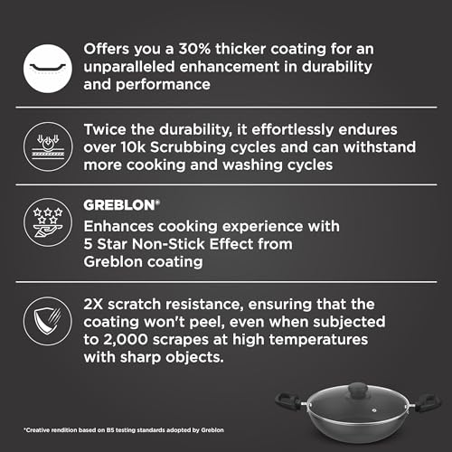 Preethi Daily Collection Non Stick Kadai 24 cm, with Glass Lid, 5 Star Non Stick Effect, Grey - Image 3