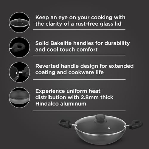 Preethi Daily Collection Non Stick Kadai 24 cm, with Glass Lid, 5 Star Non Stick Effect, Grey - Image 4