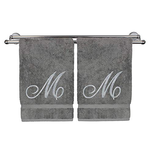 BC BARE COTTON Monogrammed Hand Towel, Personalized Gift, 16 x 30 Inches - Set of 2 - Silver Embroidered Towel - Extra Absorbent 100% Turkish Cotton- Soft Terry Finish - for Bathroom, Kitchen and Spa- Script M Gray - Image 1