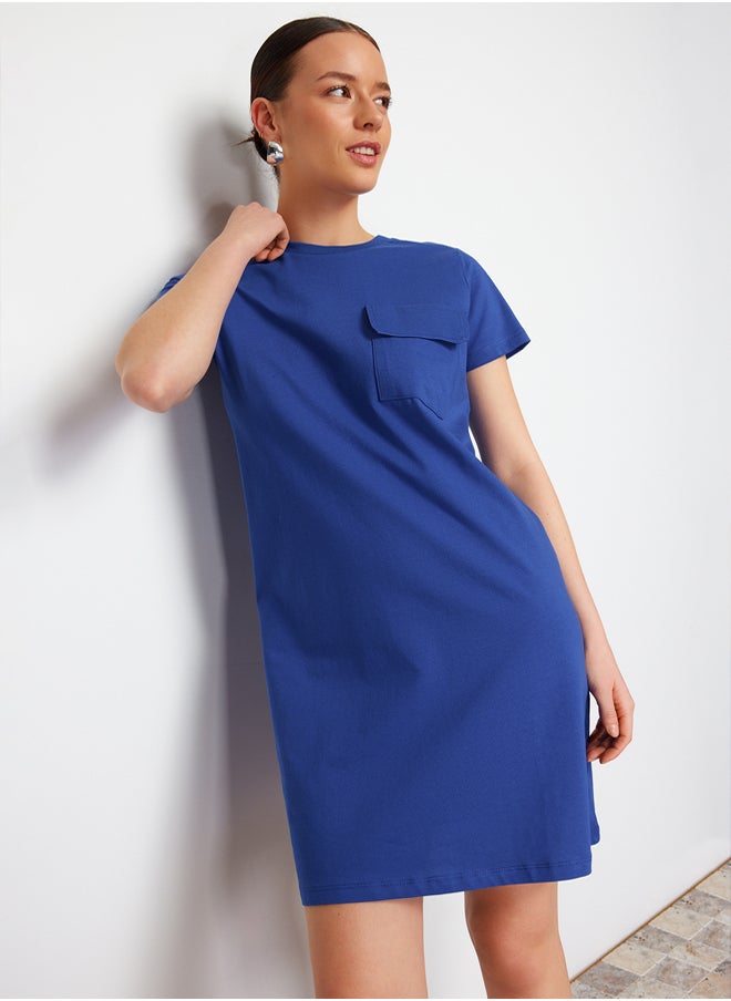 trendyol - Saxe 100% Cotton Pocket Detailed Crew Neck Short Sleeve Knitted T-shirt Dress TWOSS24EL00120 - Image 1