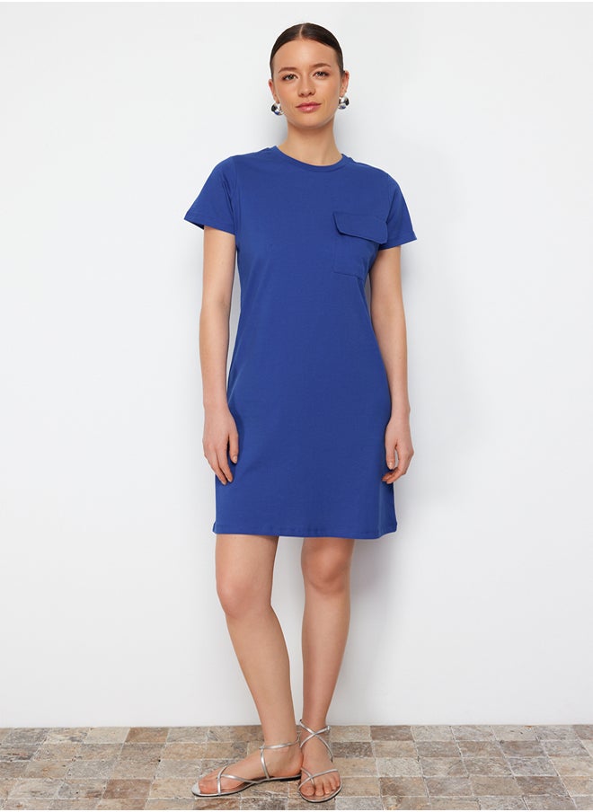 trendyol - Saxe 100% Cotton Pocket Detailed Crew Neck Short Sleeve Knitted T-shirt Dress TWOSS24EL00120 - Image 1