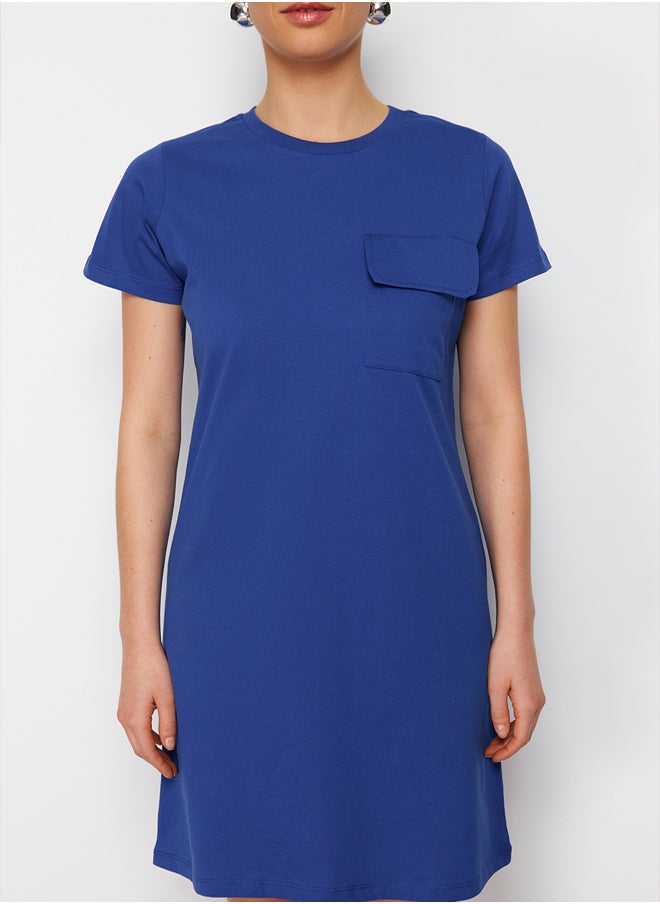 trendyol - Saxe 100% Cotton Pocket Detailed Crew Neck Short Sleeve Knitted T-shirt Dress TWOSS24EL00120 - Image 1