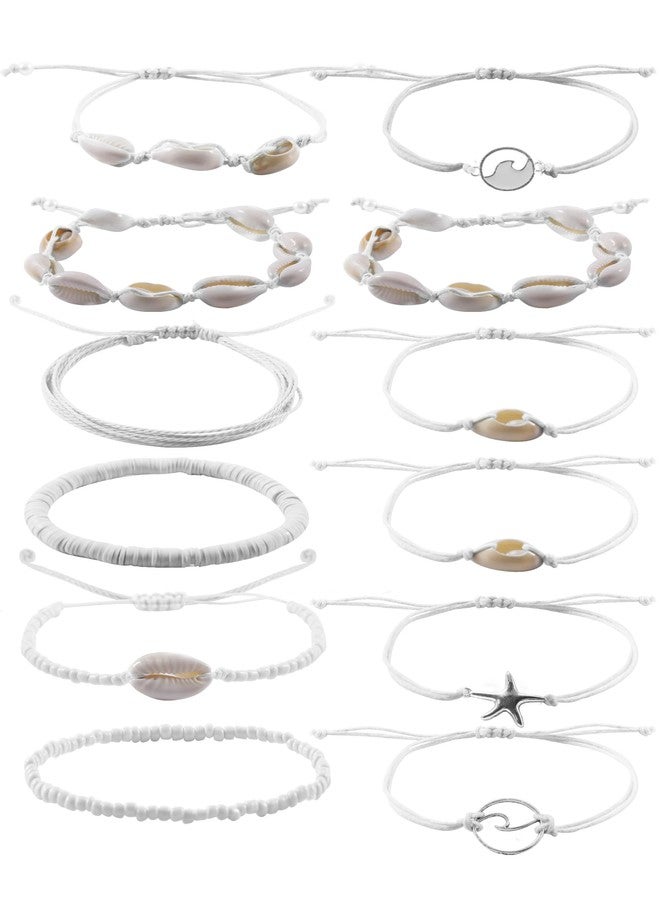 PIPITREE 12Pcs Beach Surfer Wave Bracelets for women, Adjustable Handmade Waterproof Braided String Beaded Anklets Starfish Shell Ankle Bracelet for Women Boho Summer White Bracelet Set - Image 1