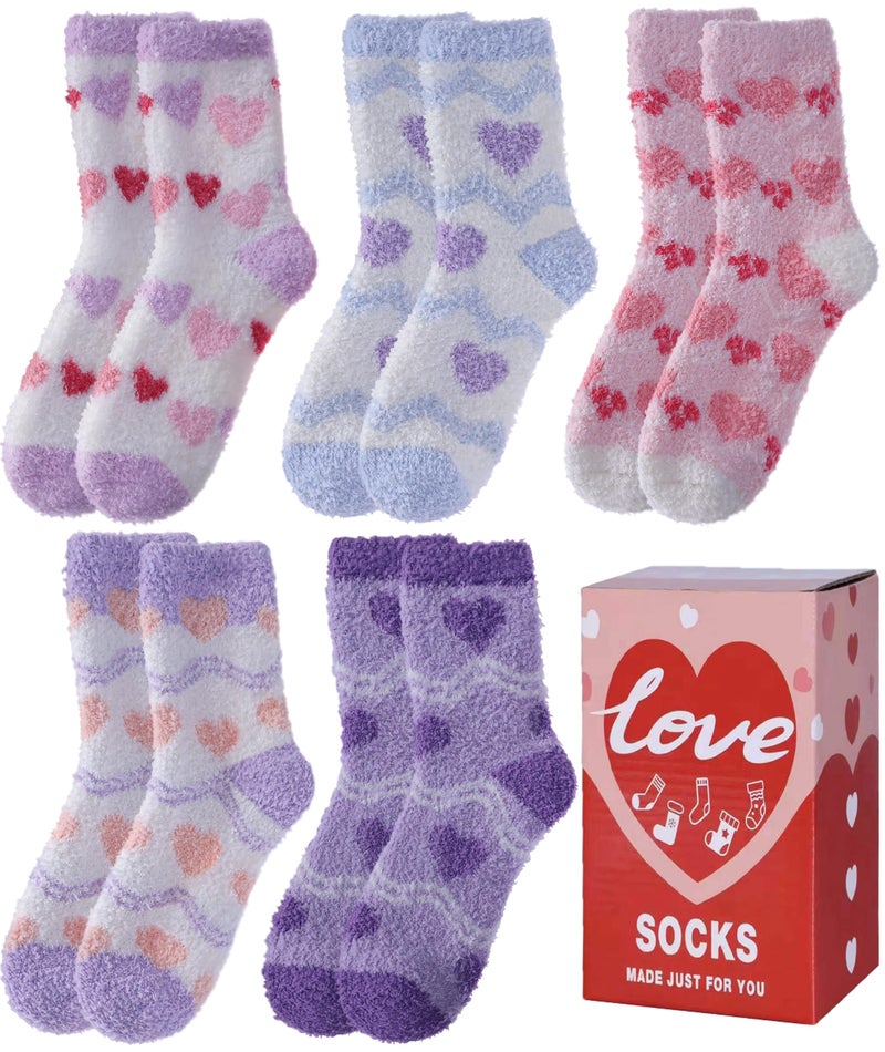 LINEMIN Womens Fuzzy Socks Cozy Fluffy Winter Slipper Warm Thick Fleece Soft Home Sleeping Socks, Light Purple Mixing Heart, One size - Image 1